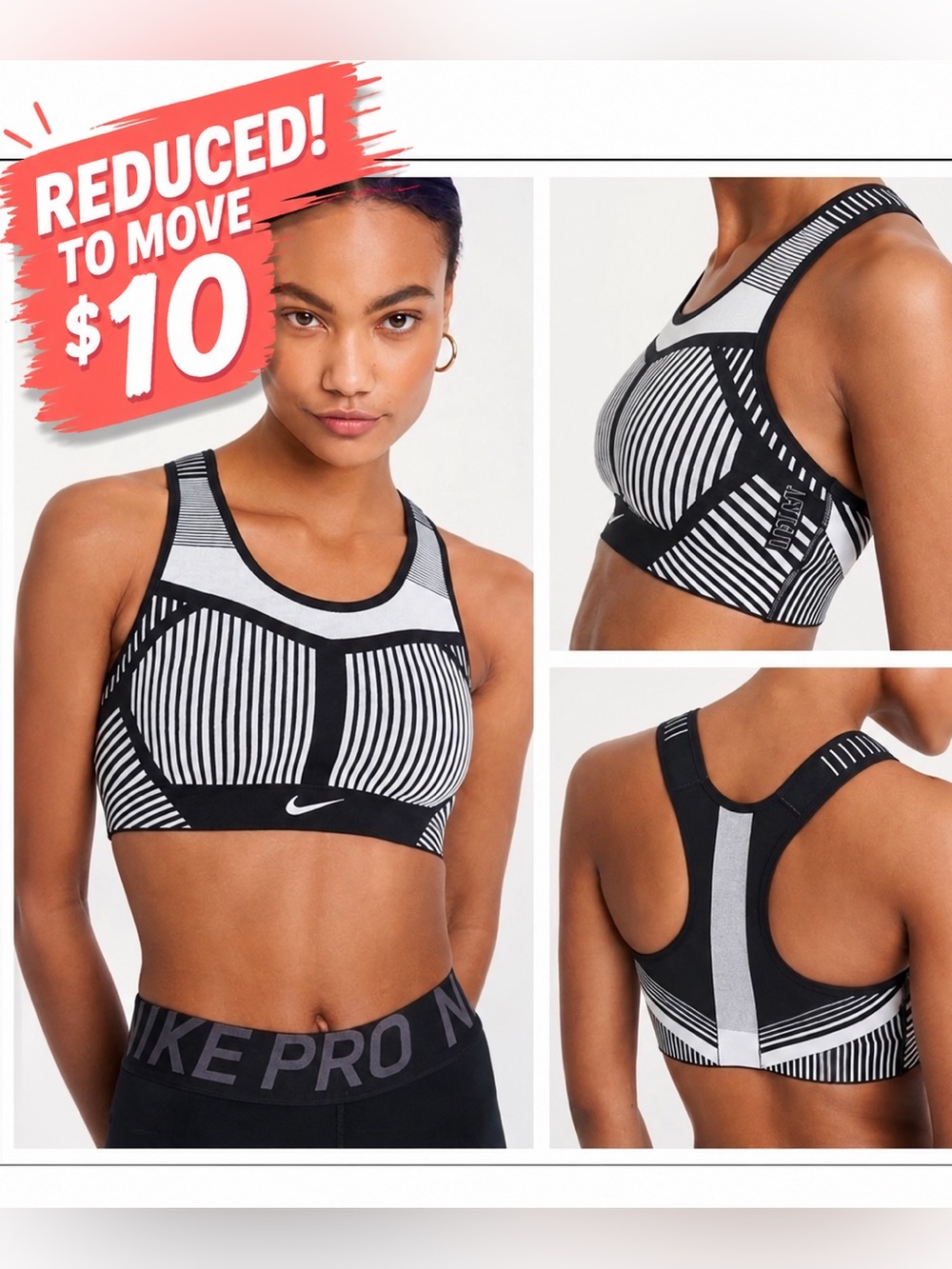 Nike Pro Indy Flyknit Seamless Sports Bra XS Black Gray‎ Stripe AJ4047-014